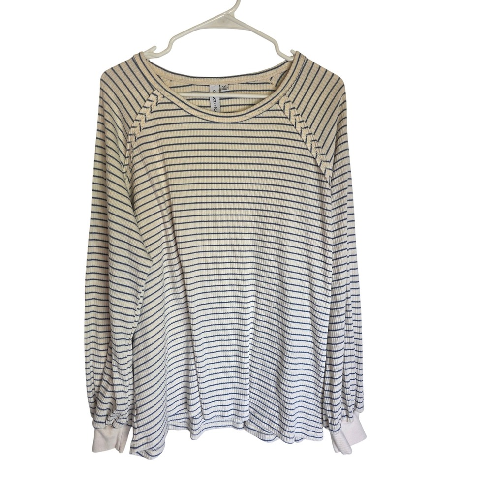 Grace + Karma Womens 1X‎ Blue White Striped Ribbed Raglan Long Sleeve Top LL23